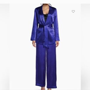 Kobi Halperin Crinkle Satin Jacket And  Wide-Leg Satin Pants in Twilight Blue